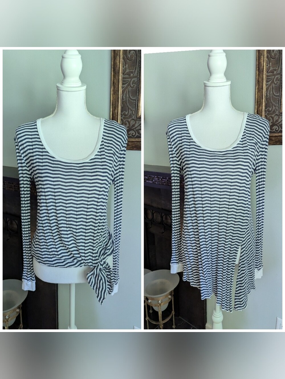 THREE DOTS Women's Small Long Sleeve Striped Sheer T-shirt Split Hem / Tie Waist